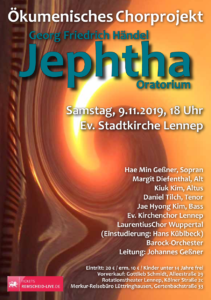 Veranstaltungsposter zum Oratorium Jephtha von Georg Friedrich Händel, aufgeführt vom Ökumenischen Chorprojekt in Lennep. Poster: offiziell