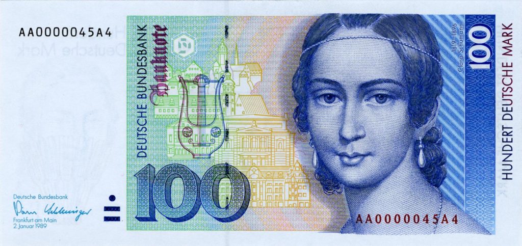 Clara Schumann war auf dem 100 DM-Schein abgebildet. Bild: Deutsche Bundesbank, Frankfurt am Main, Germany