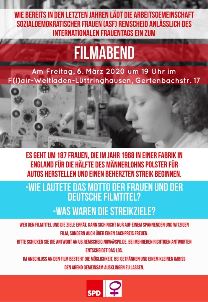 Plakat: SPD-Frauen der SPD-Remscheid laden zwei Tage vor dem Internationalen Frauentag zum Filmabend in den Flair-Weltladen in Lüttringhausen.