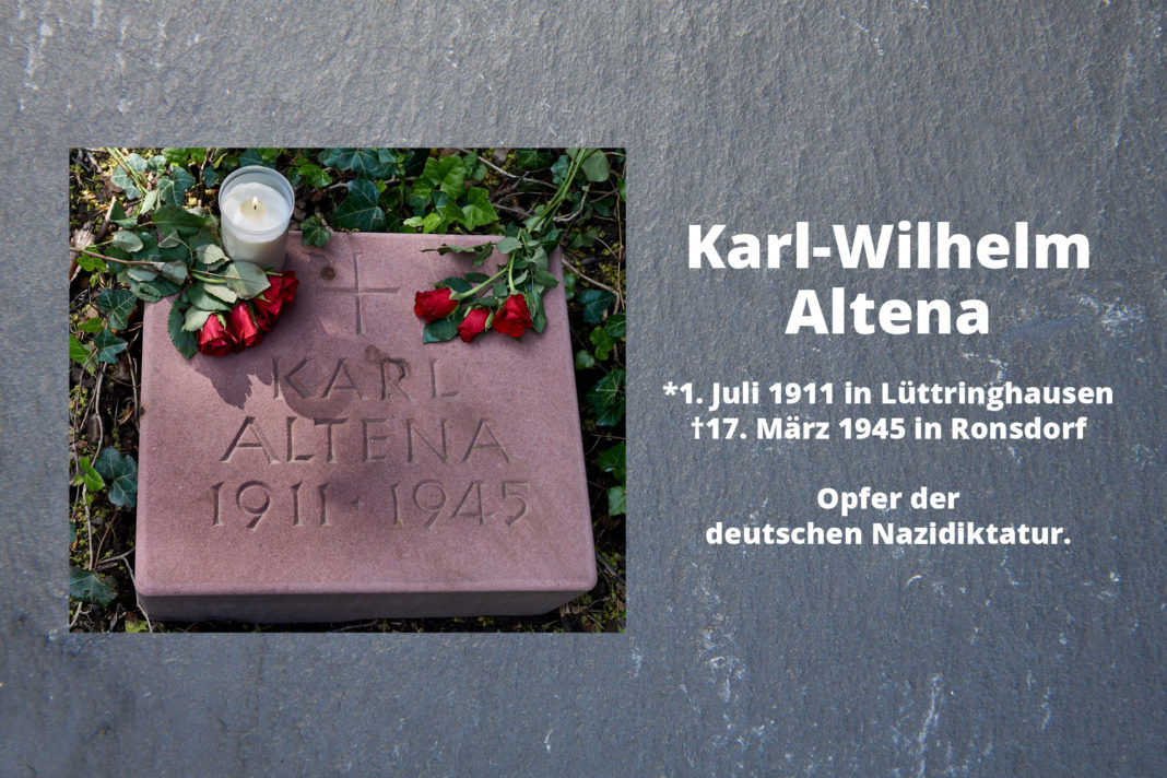 Karl-Wilhelm Altena. *1. Juli 1911 in Lüttringhausen †17. März 1945 in Ronsdorf. Opfer der deutschen Nazidiktatur. Foto: Klaus Blumberg