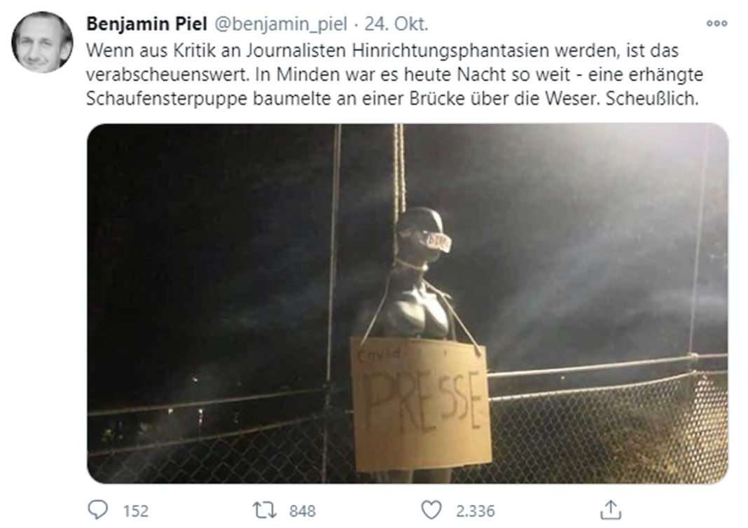 Tweet von Benjamin Piel, Chefredakteur vom Mindener Tageblatt. Quelle: https://twitter.com/benjamin_piel/status/1320028502595375109/photo/1