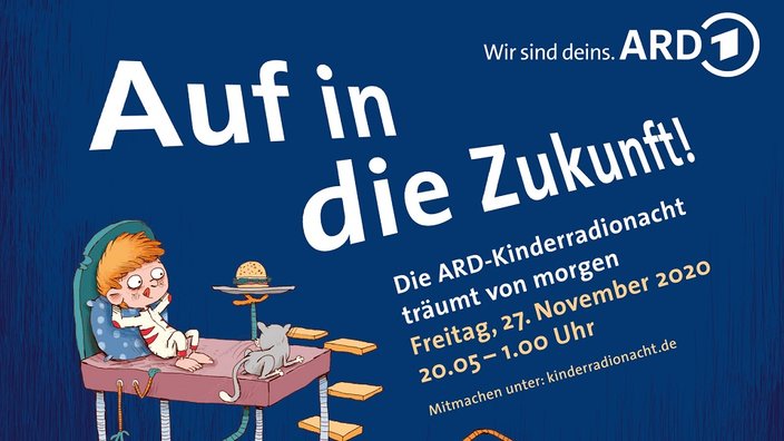 "Auf in die Zukunft" - Die ARD-Kinderradionacht träumt von morgen. Sendetermin: 27. November 2020 von 20.05 bis 1 Uhr auf WDR 5 in KiRaKa. Artwork: ARD