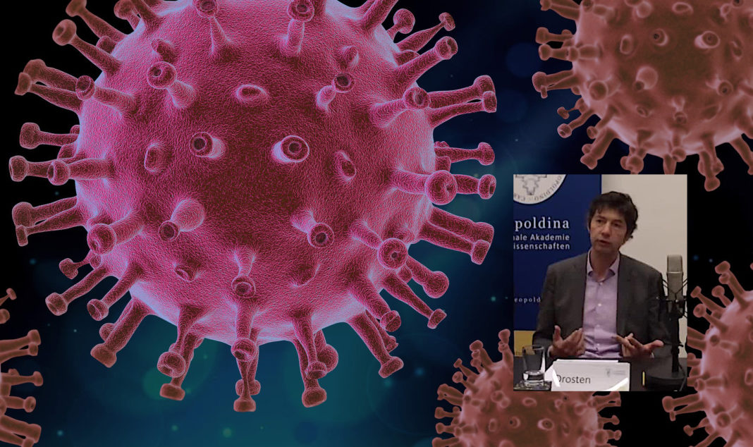 Virologe Christian Drosten und das Virus. Fotos: Science Media Center Germany und PIRO4D