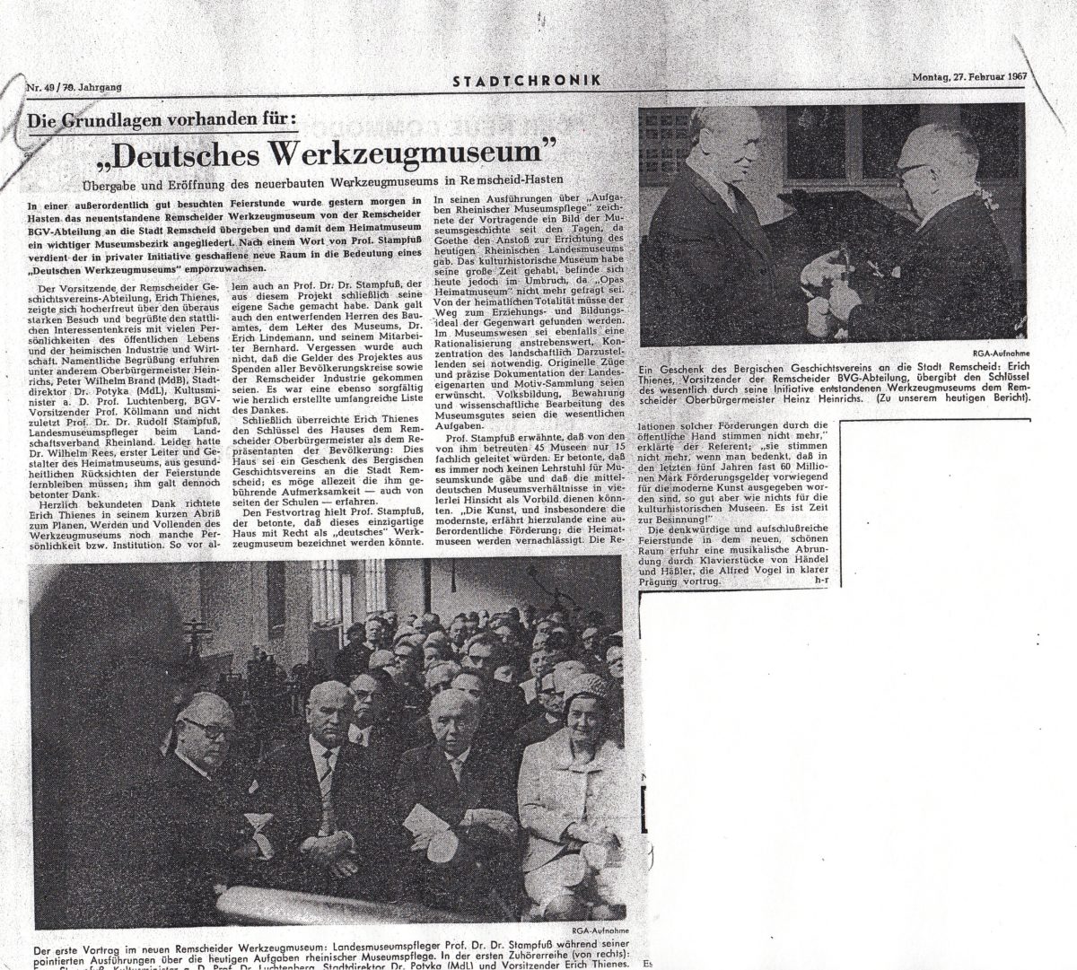 Artikel zur Eröffnung des Werkzeugmuseums aus dem RGA vom 27.2.1967 - zur Verfügung gestellt vom Stadtarchiv Remscheid