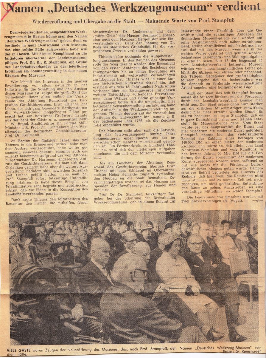 Artikel zur Eröffnung des Werkzeugmuseums aus der RP vom 27.2.1967 - zur Verfügung gestellt vom Stadtarchiv Remscheid