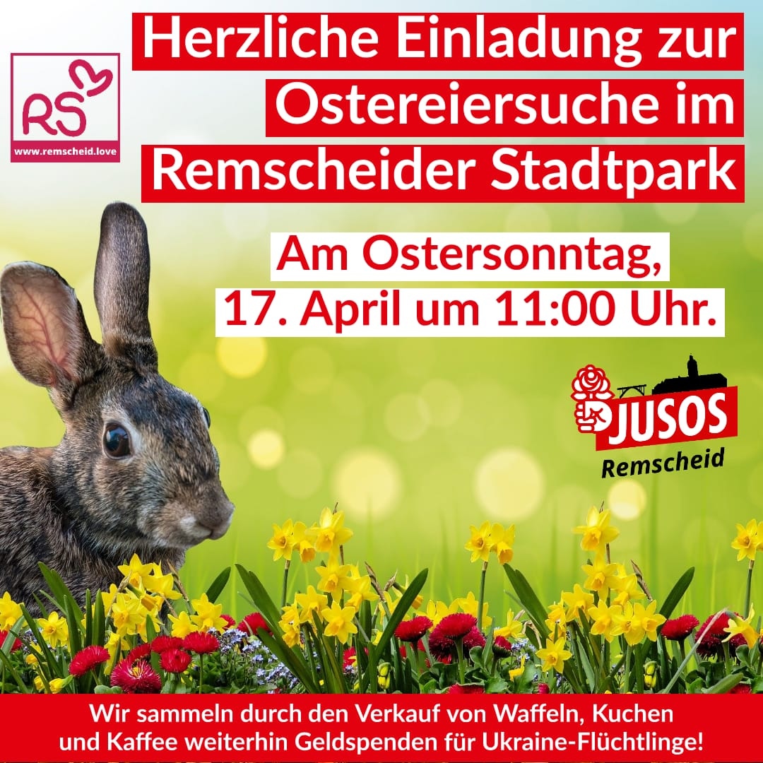 Sharepic der Remscheider Jusos zur Ostereiersuche 2022 im Stadtpark.
