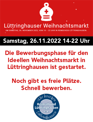 Der Weihnachtsmarkt 2022 vom Heimatbund Lüttringhausen findet am 26.11.2022 von 14 bis 18 Uhr statt.