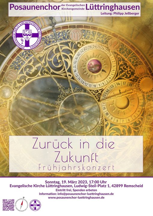 Plakat zum Frühjahrskonzert "Zurück in die Zukunft" vom Posaunenchor Lüttringhausen. am 19. März 2023 ab 17 Uhr in der Evangelischen Kirche Lüttringhausen.