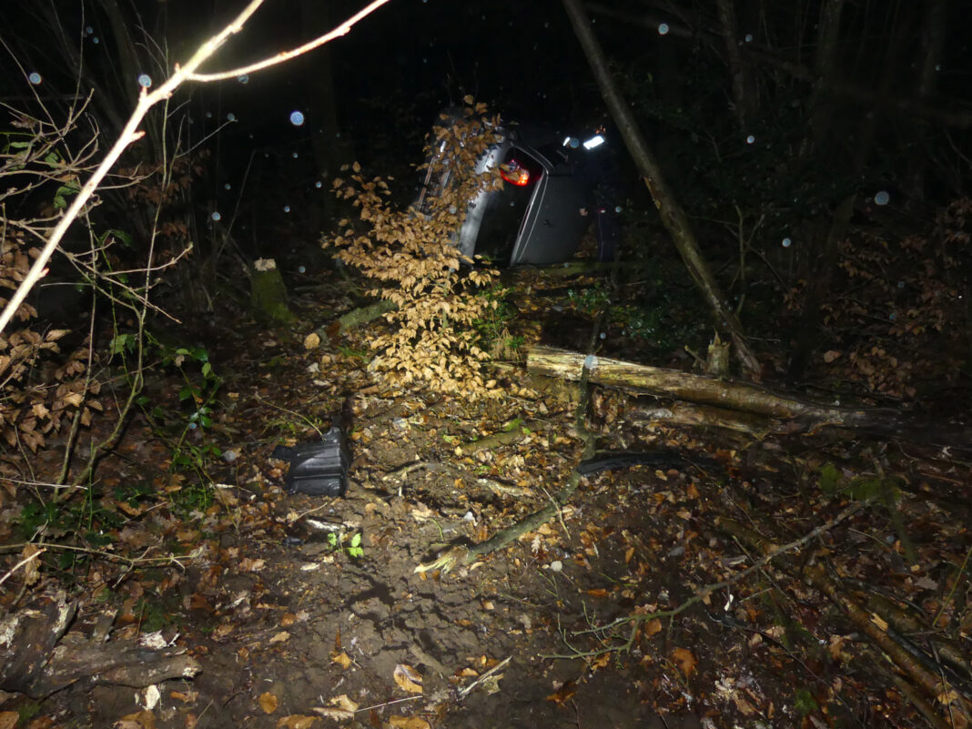 Die Hückeswagenerin kam von der Fahrbahn ab und landete im Gebüsch. Foto: Polizei Oberberg