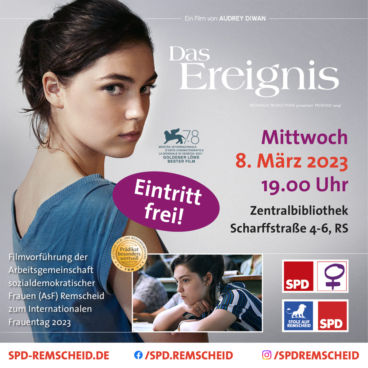 Das Ereignis - Filmvorführung der AsF der SPD Remscheid zum internationalen Frauentag 2023. Sharepic: SPD Remscheid