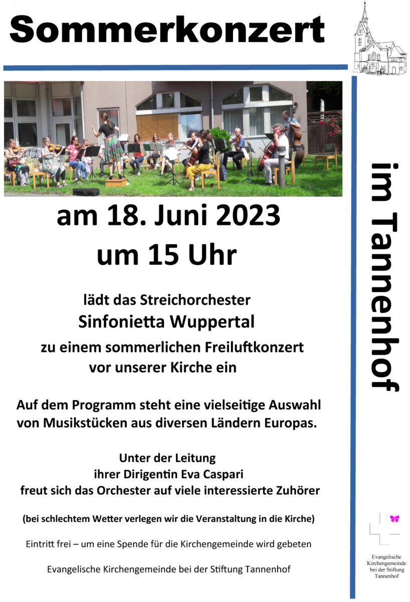 Sommerkonzert in der Stiftung Tannenhof: 18. Juni 2023 ab 15 Uhr mit dem Streichorchester Sinfonietta Wuppertal